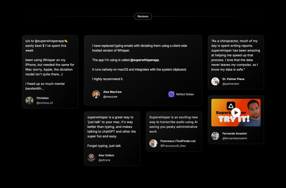 Testimonial Tweets section on superwhisper section design