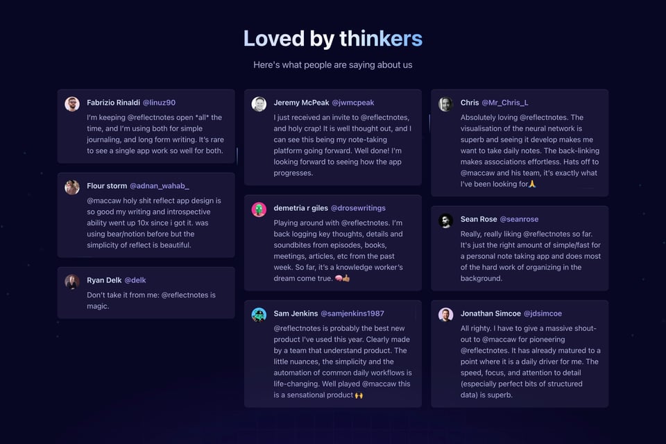 Testimonial Tweets section on Reflect section design