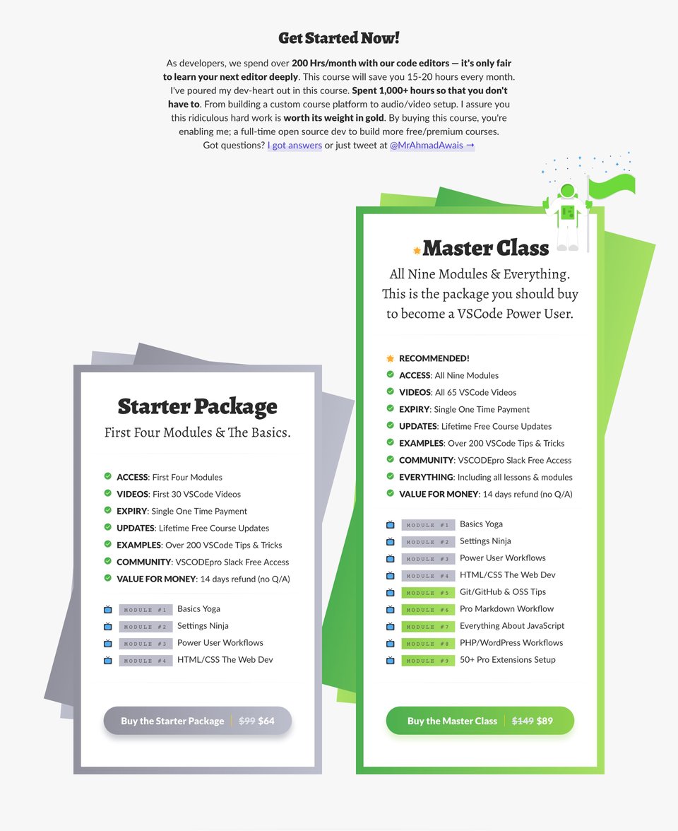 Pricing Table section on VSCode Power User section design