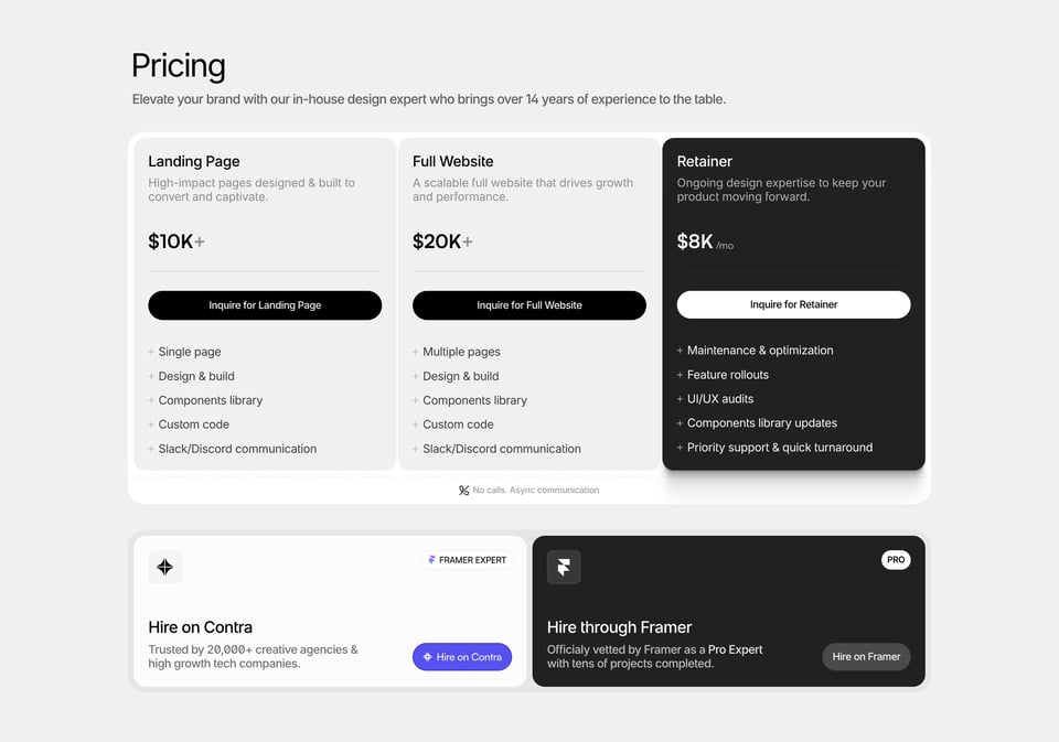 Pricing Table section on Eleveight Studio section design
