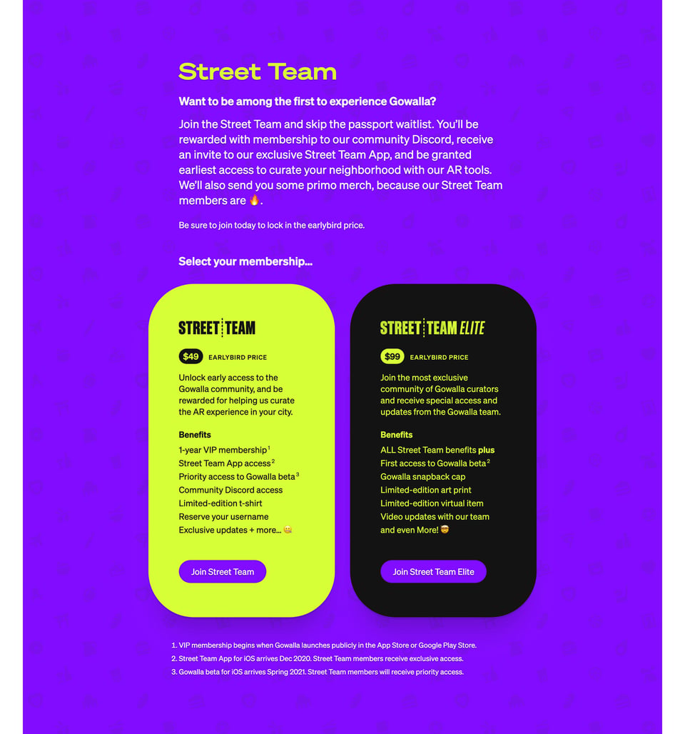 Pricing Table section on Gowalla section design
