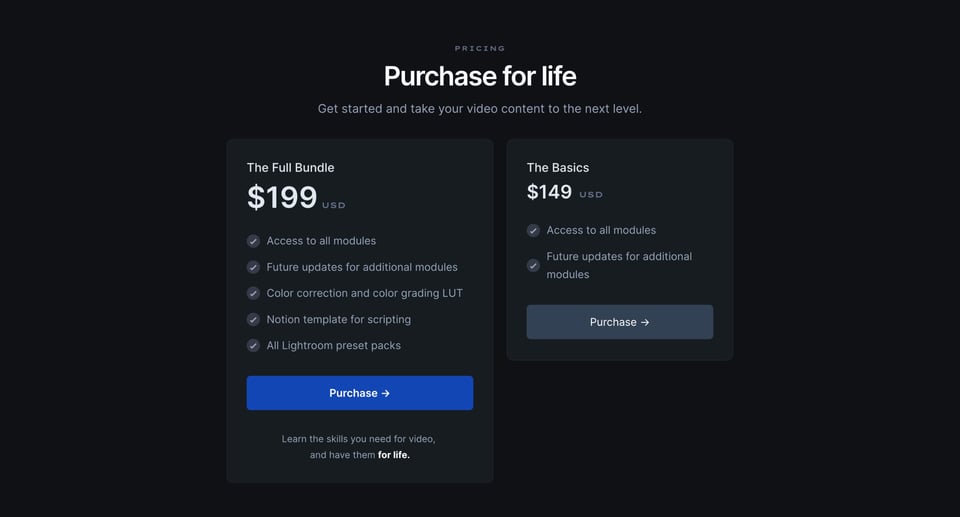 Pricing Table section on Video Creator Course section design