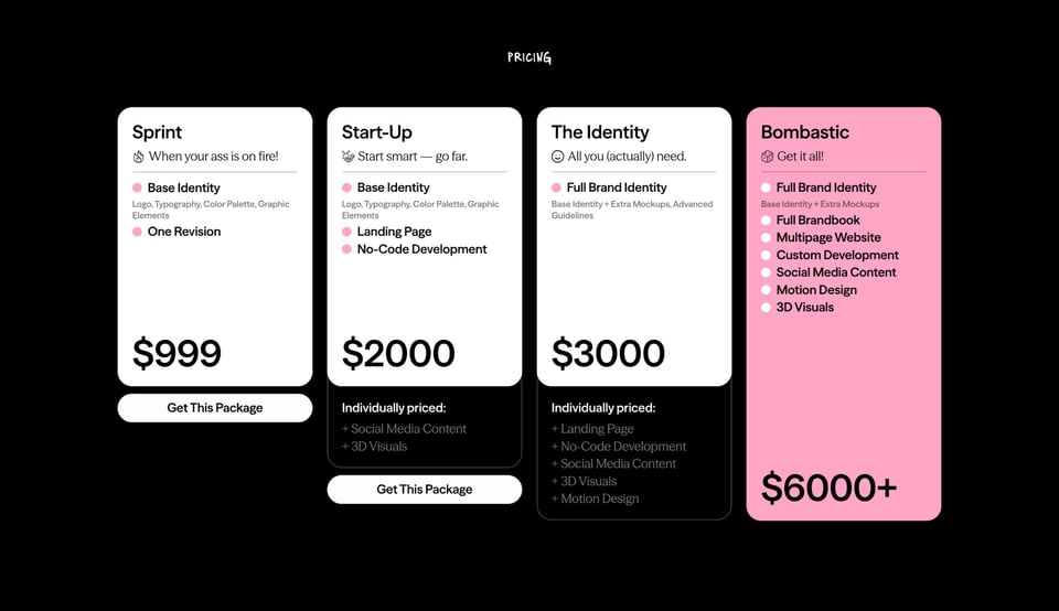 Pricing Table section on Poch Studio section design
