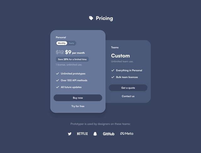 Prototyper for Figma Pricing Table Preview