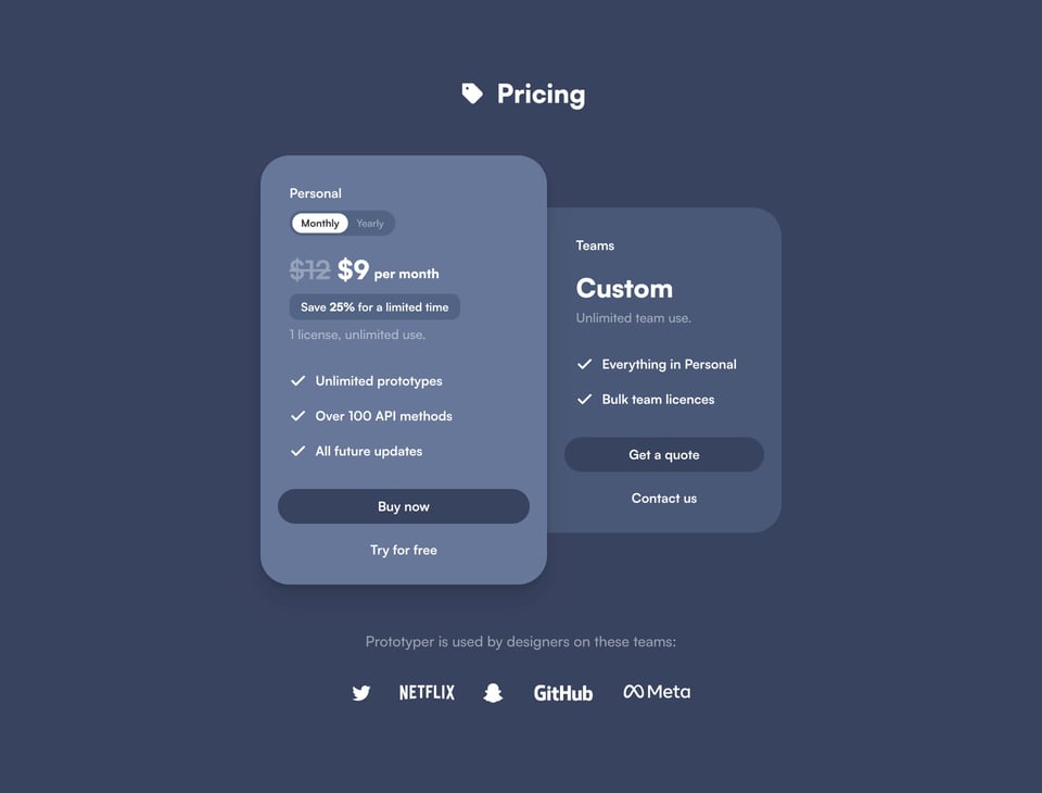 Pricing Table section on Prototyper for Figma section design
