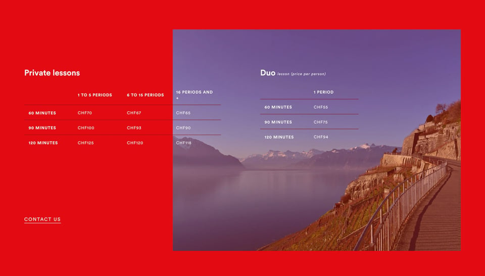 Pricing Table section on Horizons Francophones Lausanne section design