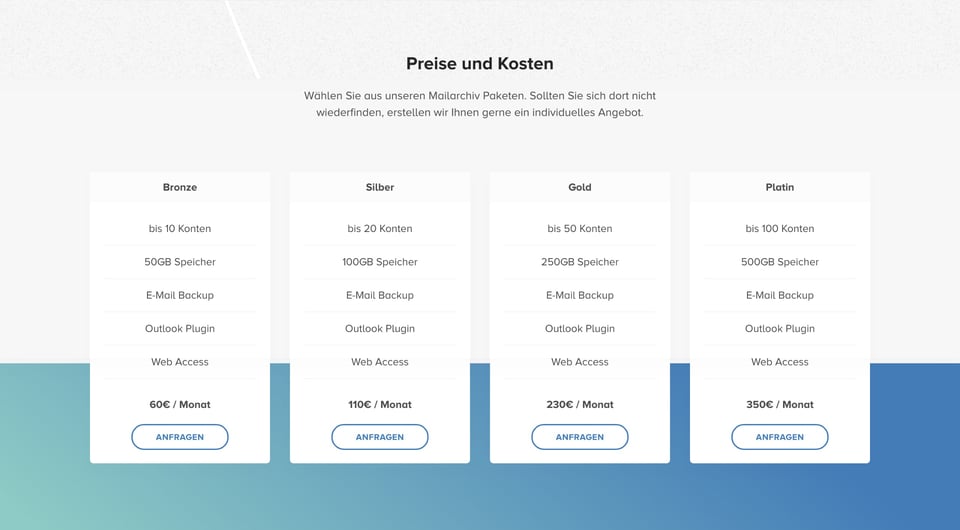Pricing Table section on Das Mailarchiv section design