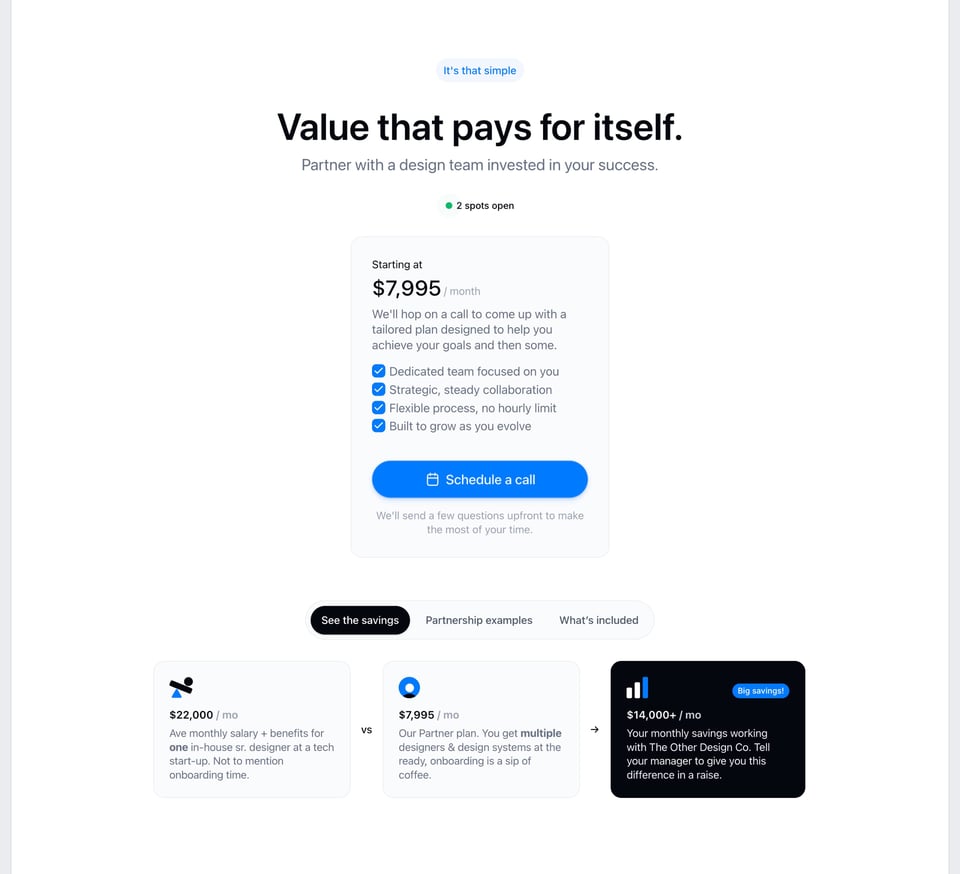 Pricing Table section on The Other Design Co. section design