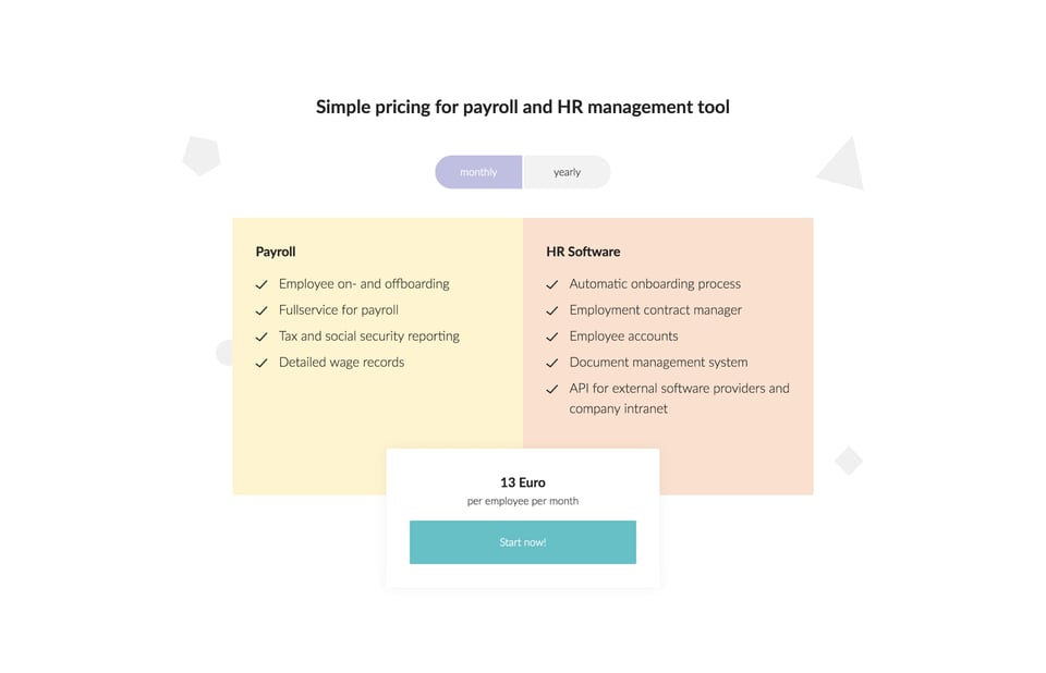 Pricing Table section on Taxmaro Personal section design