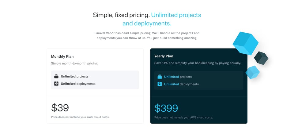 Pricing Table section on Laravel Vapor section design