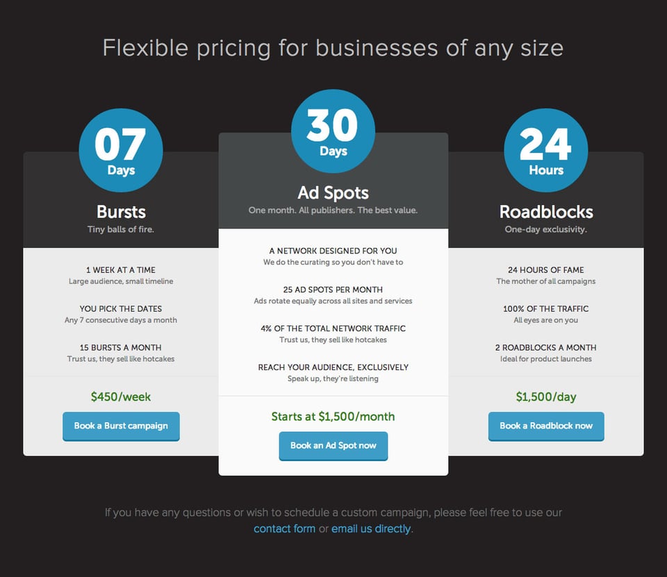 Pricing Table section on Fusion Ads section design