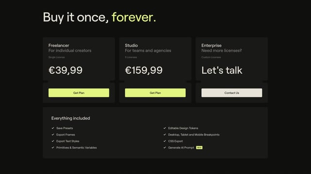 Pricing Table section
