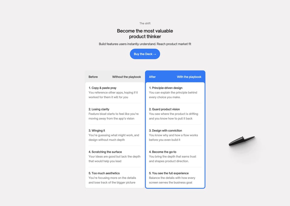 Before After section on Product Design Playbook – Deck section design