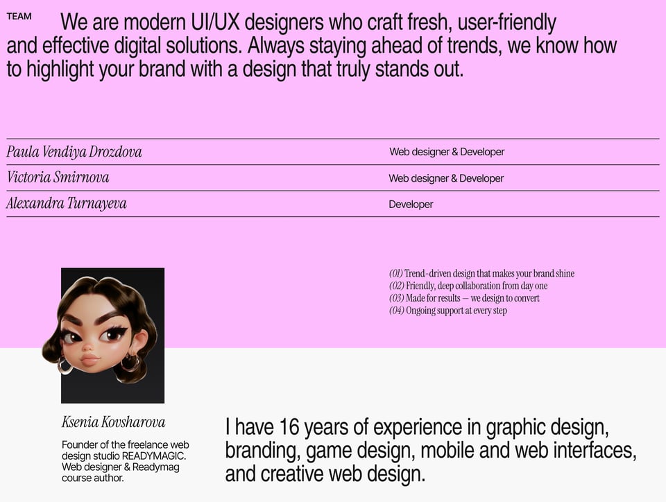Team section on READYMAGIC Studio section design