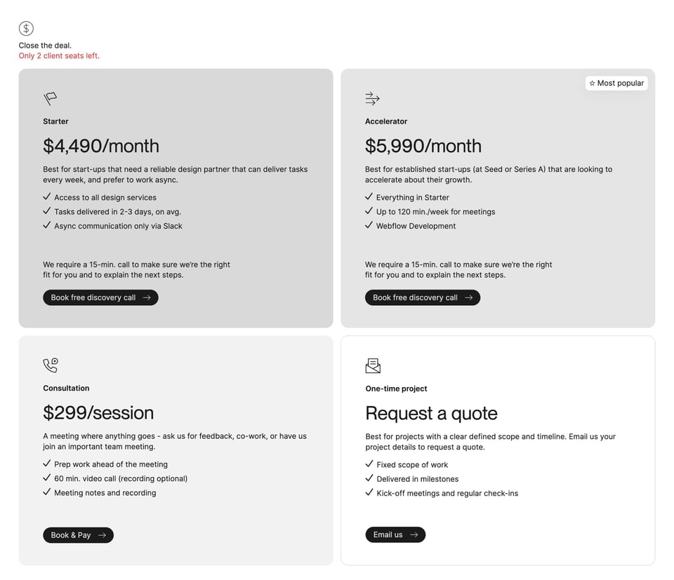 Pricing Table section on Contrast Studio section design