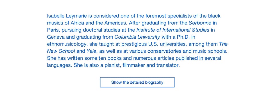 Biography section on Isabelle Leymarie section design