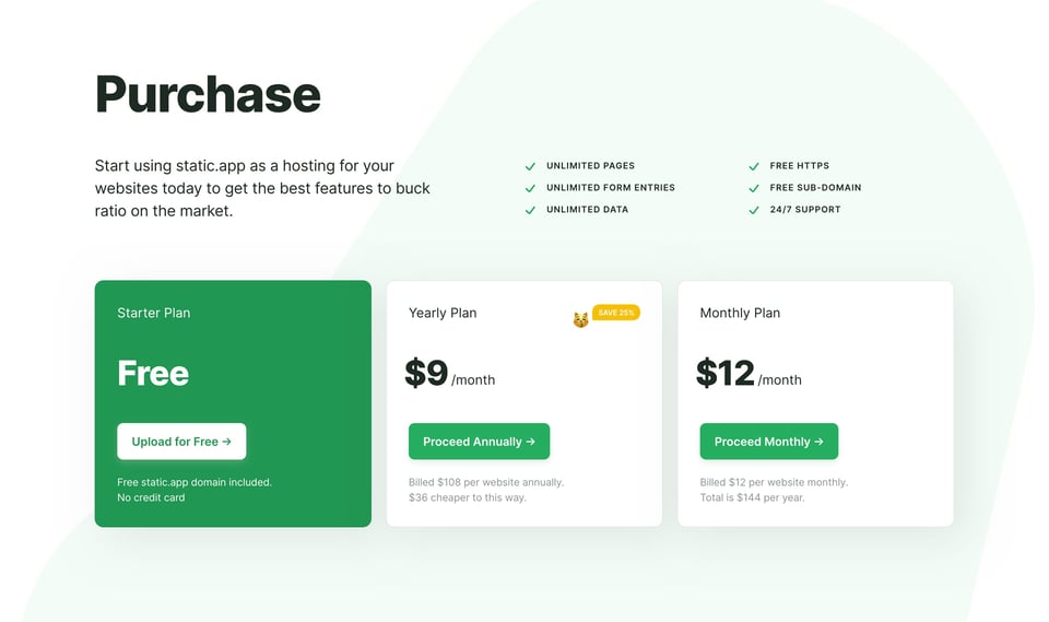 Pricing Table section on Static.app section design