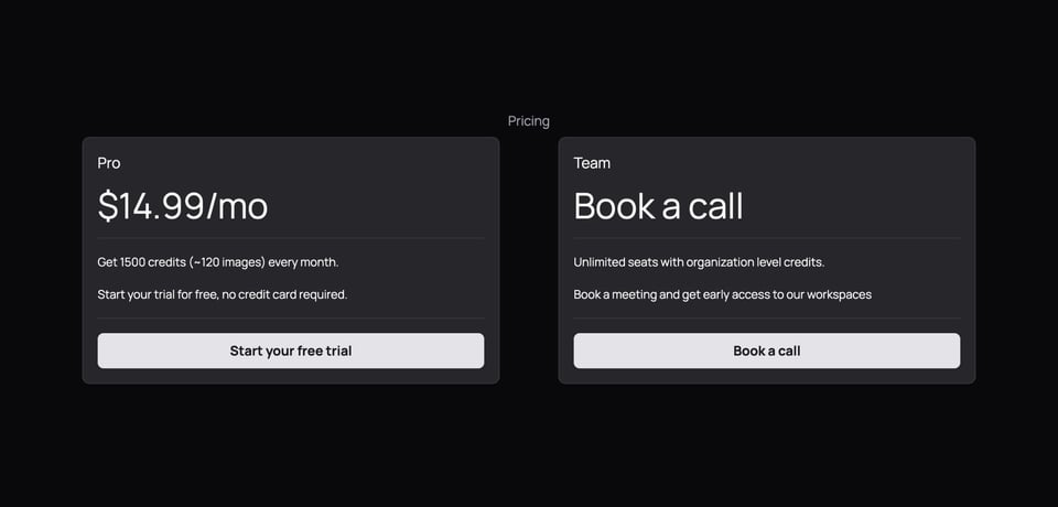 Pricing Table section on Frames section design
