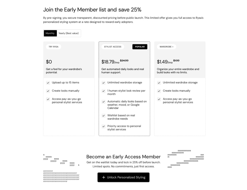 Pricing Table section on Rysa section design