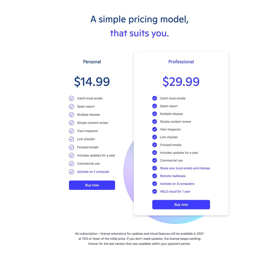 Pricing Table section on HELO section design
