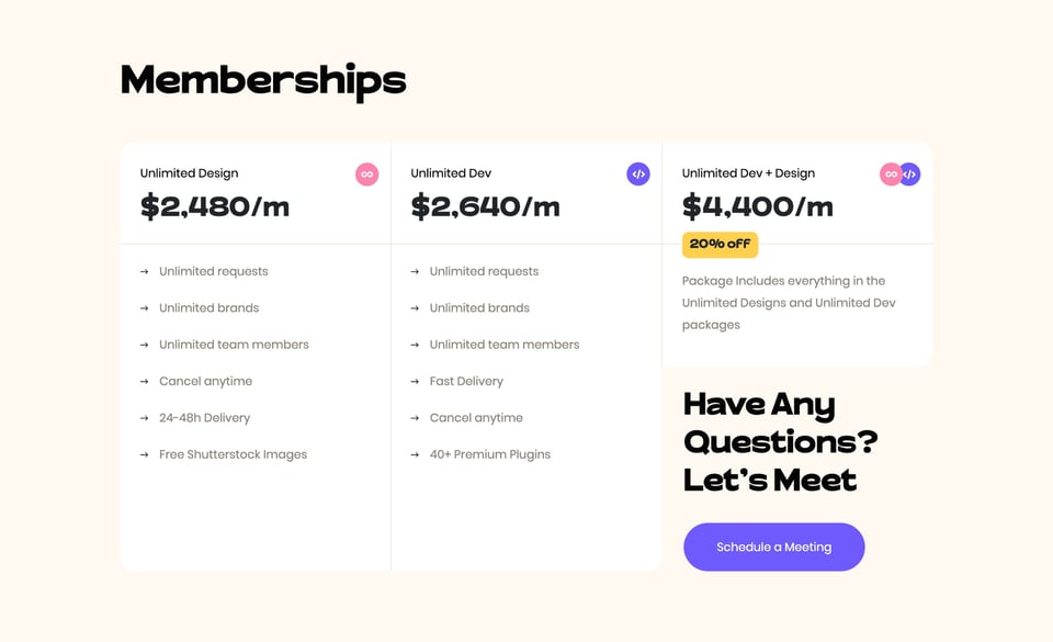 Pricing Table section on Inkyy section design