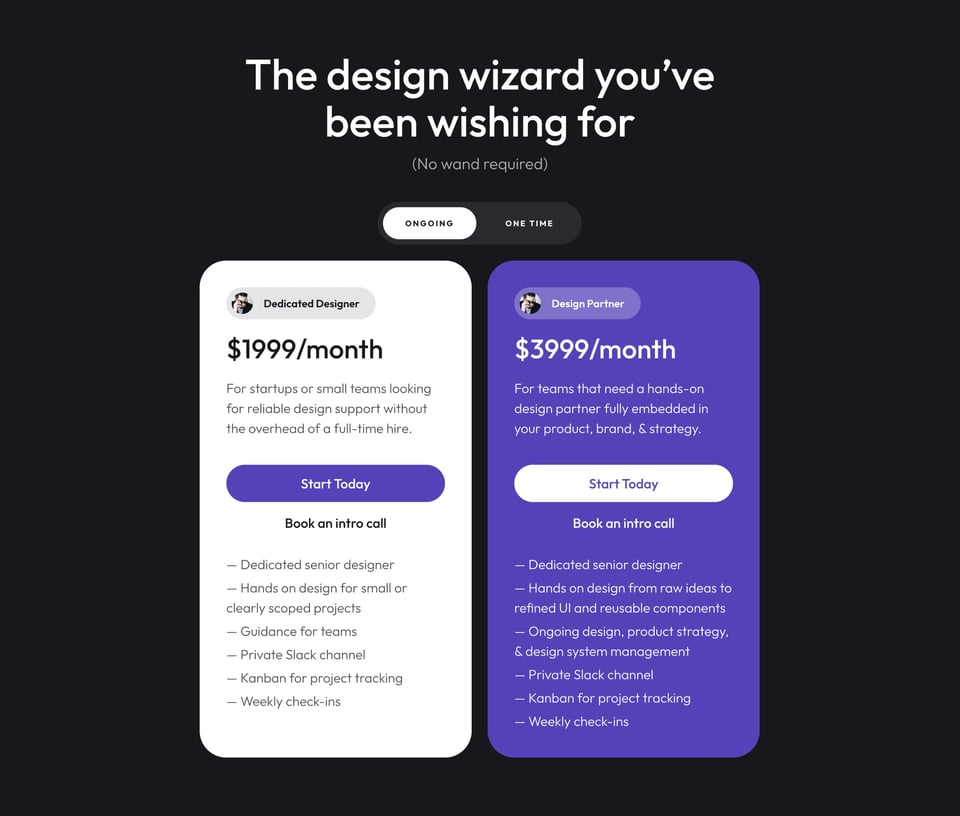 Pricing Table section on UI Magic section design