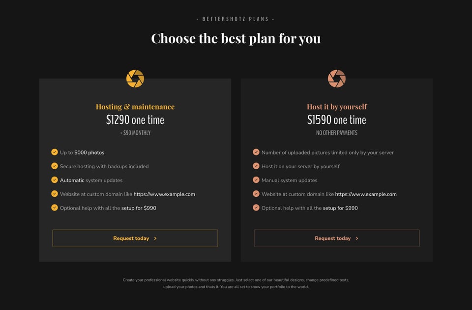 Pricing Table section on BetterShotz section design
