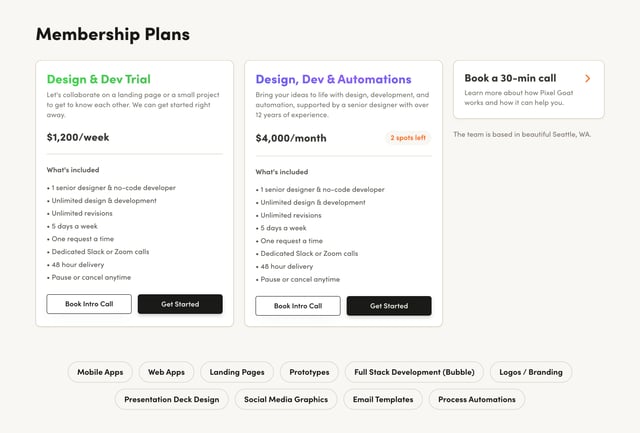 Pixel Goat Pricing Table Preview