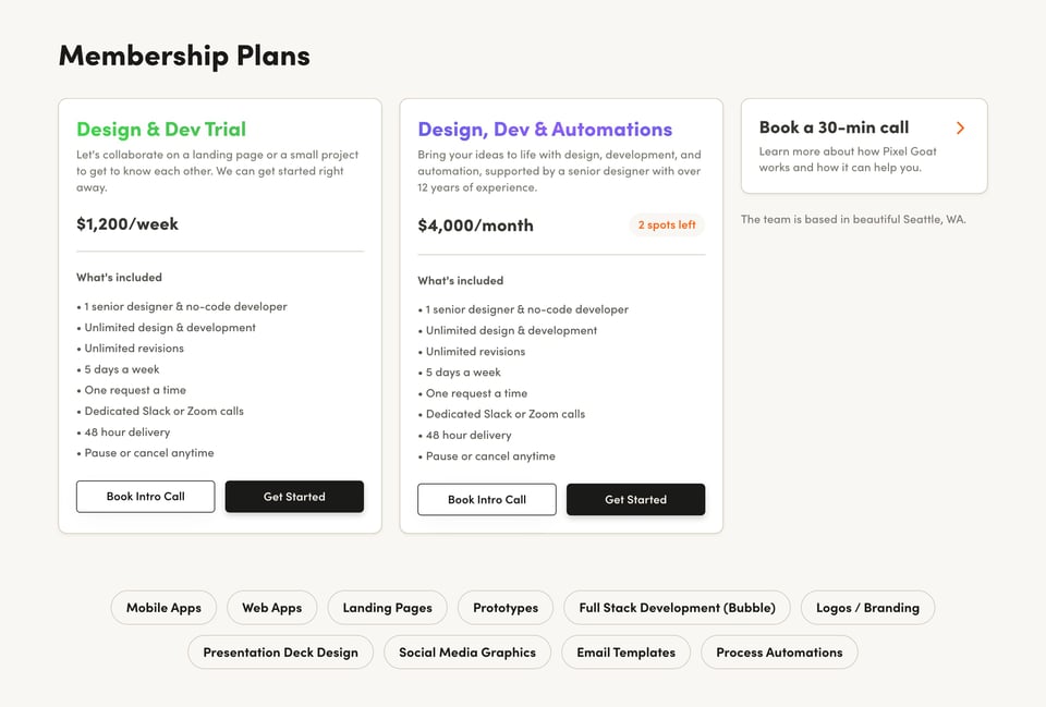 Pricing Table section on Pixel Goat section design