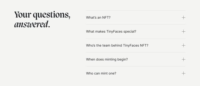 TinyFaces NFT FAQ Accordion Preview