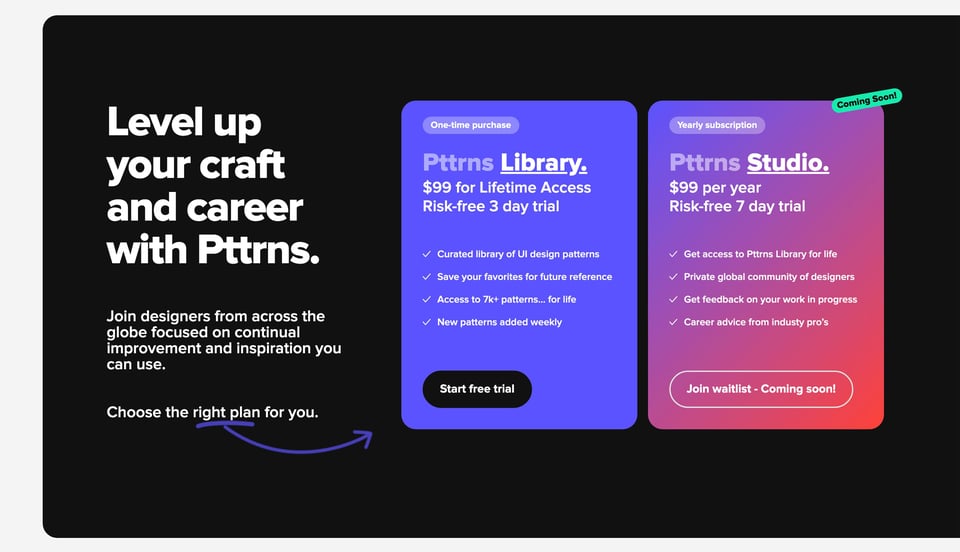 Pricing Table section on Pttrns section design