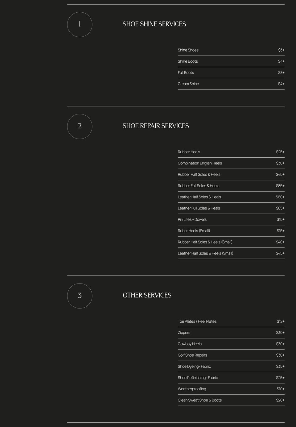 Pricing Table section on Express Shoe Repair section design