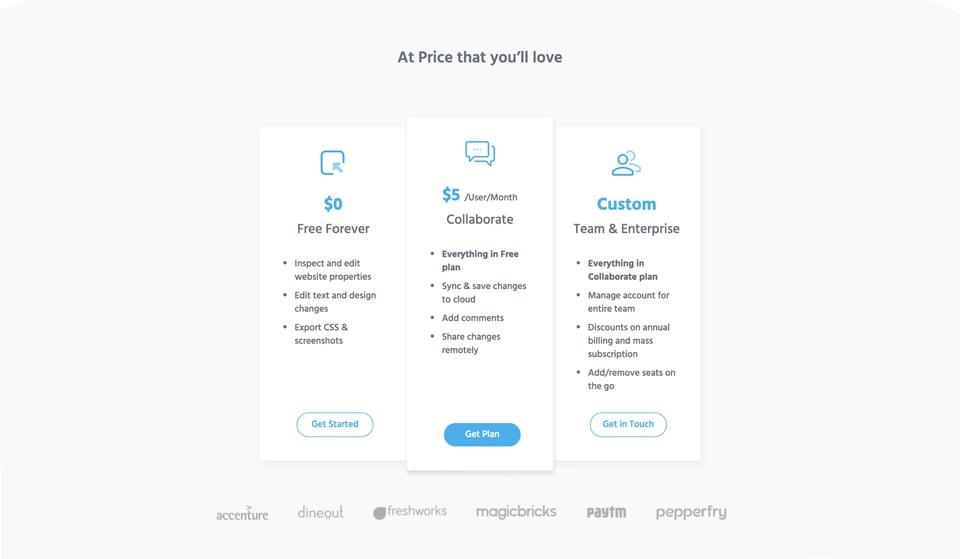 Pricing Table section on Visual Inspector section design
