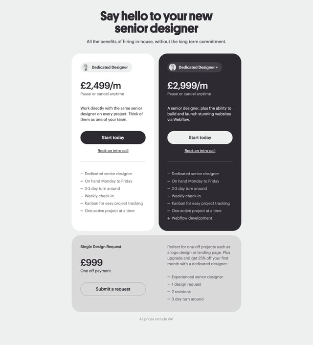 Ghost Designer Pricing Table Preview