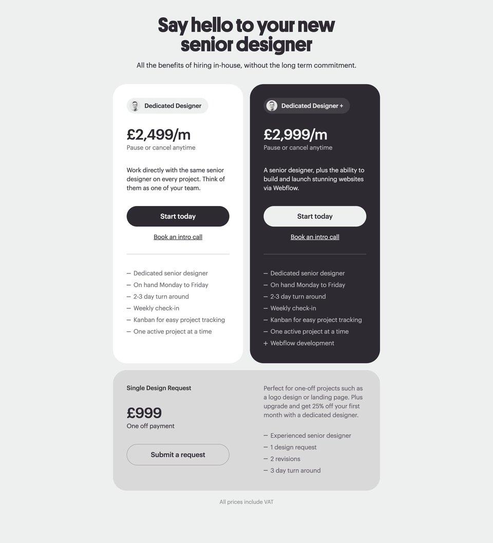 Pricing Table section on Ghost Designer section design