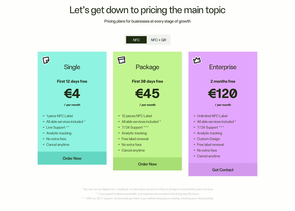 Pricing Table section on Tapdaa section design