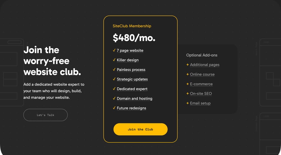 Pricing Table section on SiteClub section design