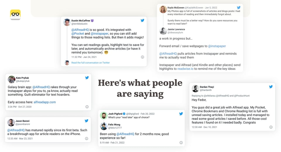 Testimonial Tweets section on Alfread section design