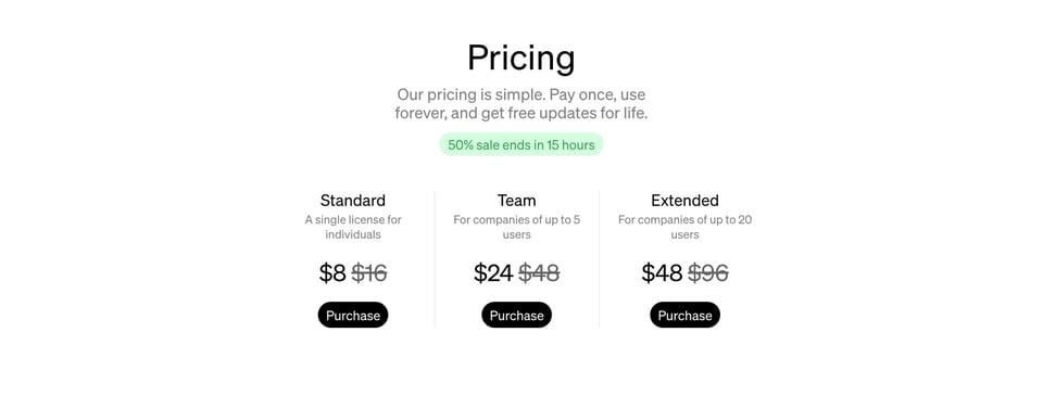 Pricing Table section on Vibrancy 01 section design