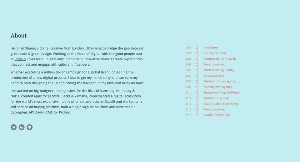 Timeline section on Shaun Weaver section design