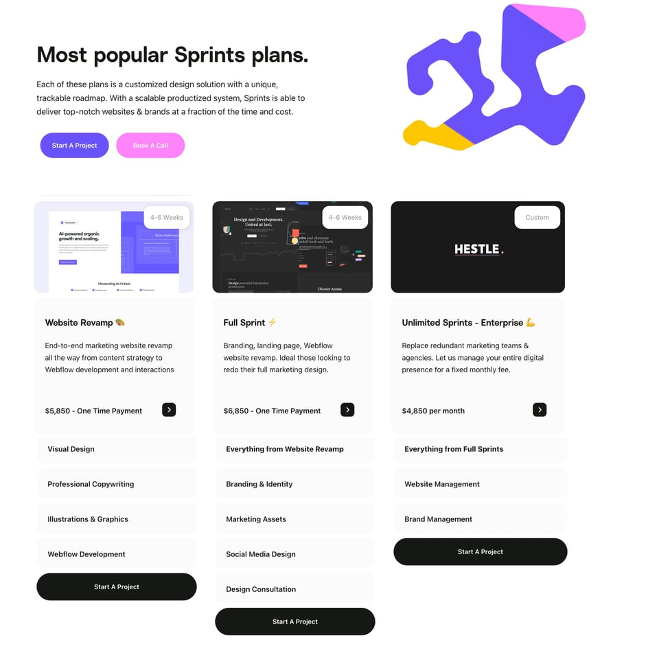 Pricing Table section on Sprints Design section design