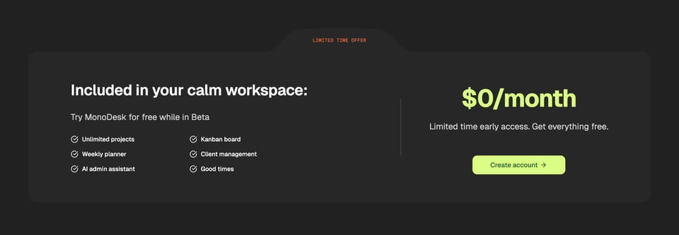 Pricing Table section on MonoDesk section design