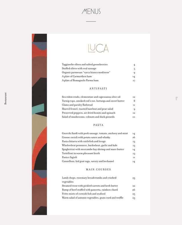 Luca Food & Drinks Menu Preview