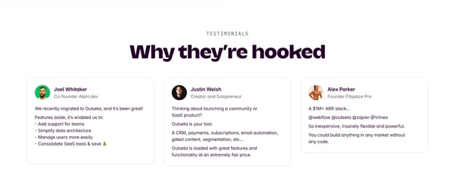 Outseta – Memberstack alternative Testimonials Preview