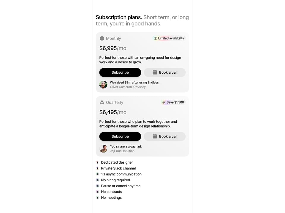 Pricing Table section on Endless section design