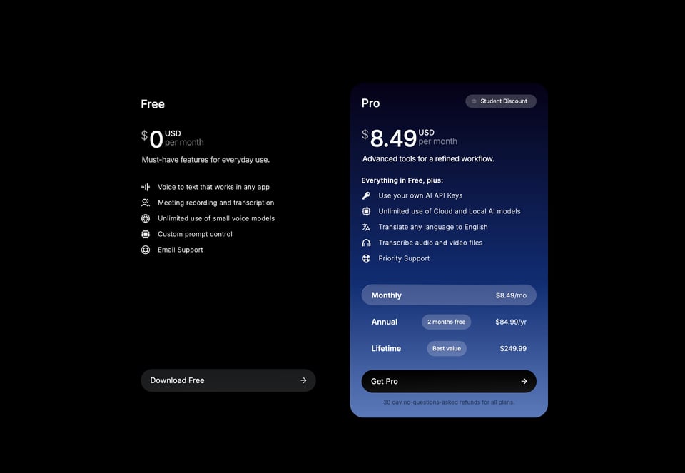 Pricing Table section on superwhisper section design