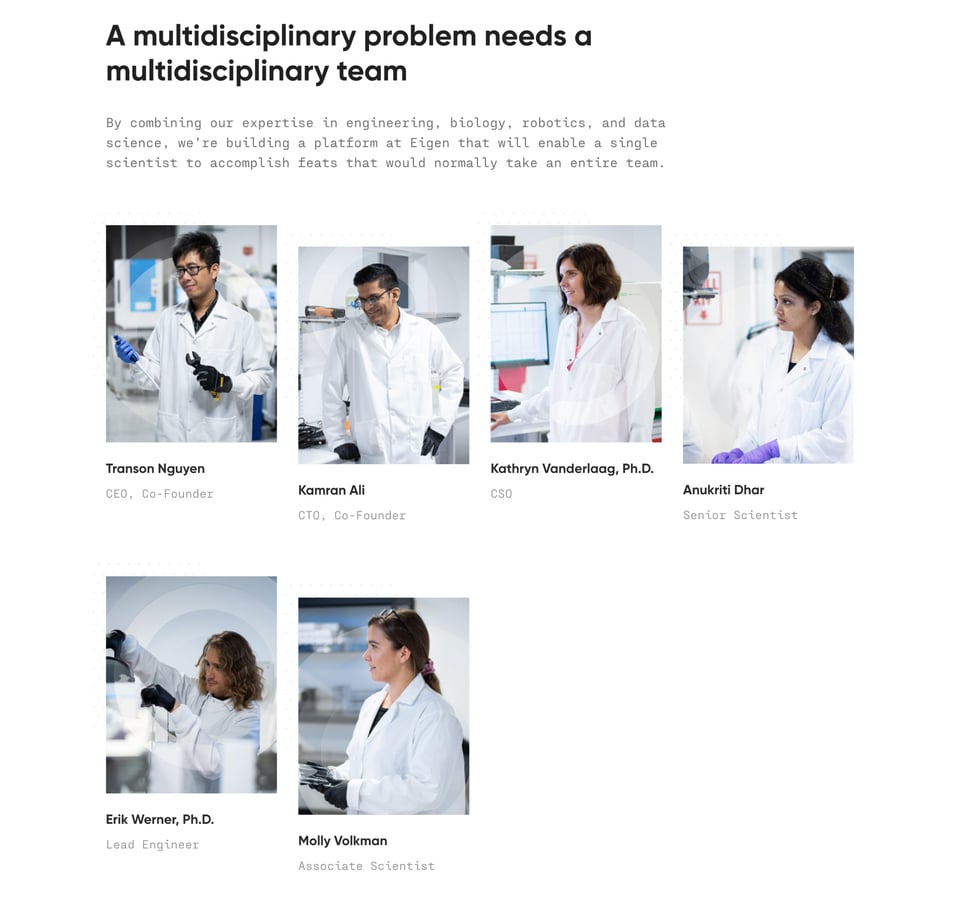 Team section on Eigen Therapeutics section design
