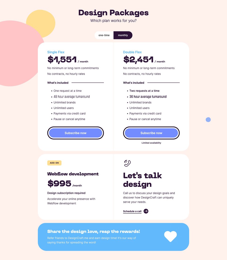 Pricing Table section on DesignCraft.me section design