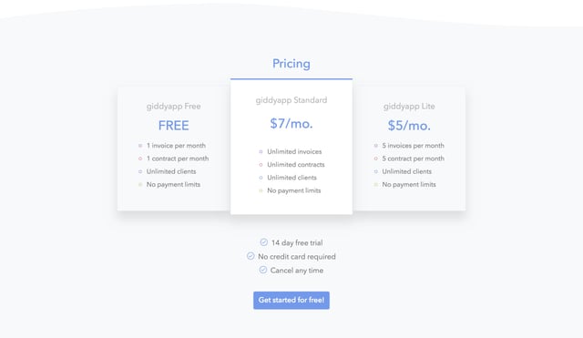 giddyapp Pricing Table Preview