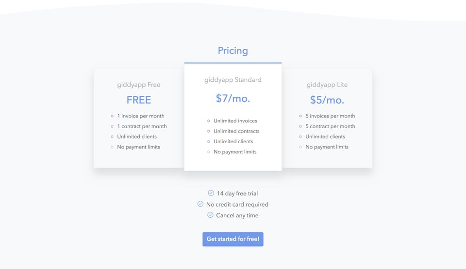 Pricing Table section on giddyapp section design